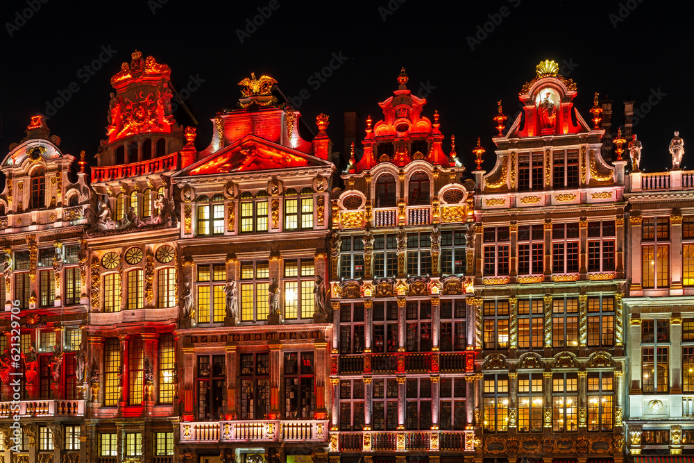 Brussels Grand Place main square guild houses illuminated, Brussels, Belgium.