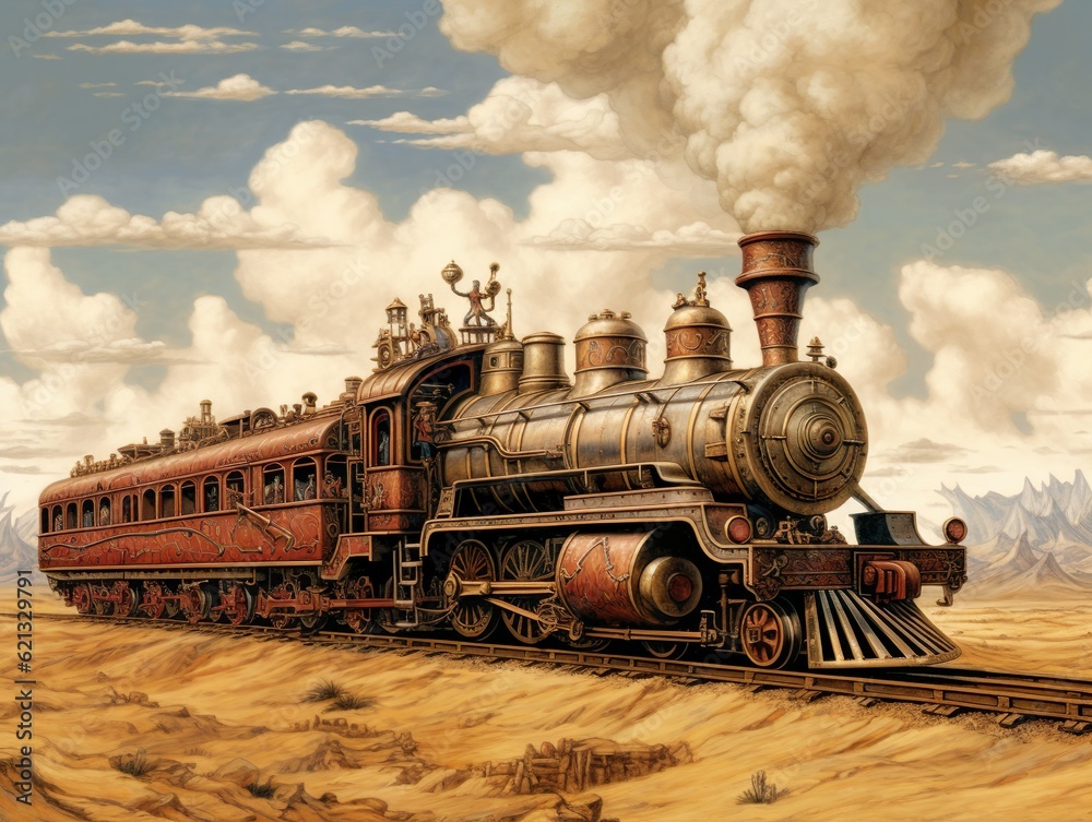 Obraz premium In this steampunk-inspired artwork, a grand steam-powered train races across a vast desert landscape. The train's locomotive is an elaborate piece of machinery, adorned with polished brass and intrica
