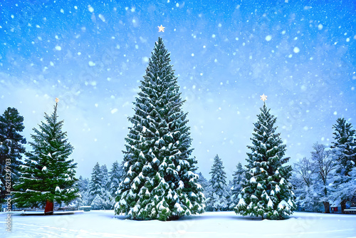 Christmas background with christmas trees and  snowflakes winter  illustration. © Cobalt
