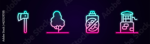 Set line Wooden axe, Fruit tree, Spray against insects and Well. Glowing neon icon. Vector