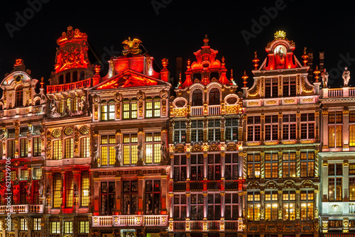 Brussels Grand Place main square guild houses illuminated, Brussels, Belgium. photo