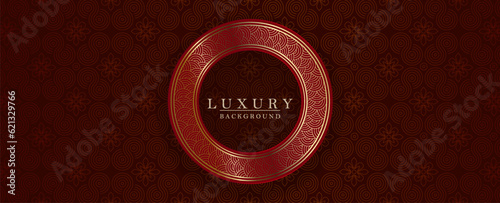 Red dark illustration with isolated round frame with golden border