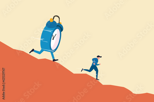 Businessman chased by huge clock. concept of Run out of time, work deadline, and time countdown