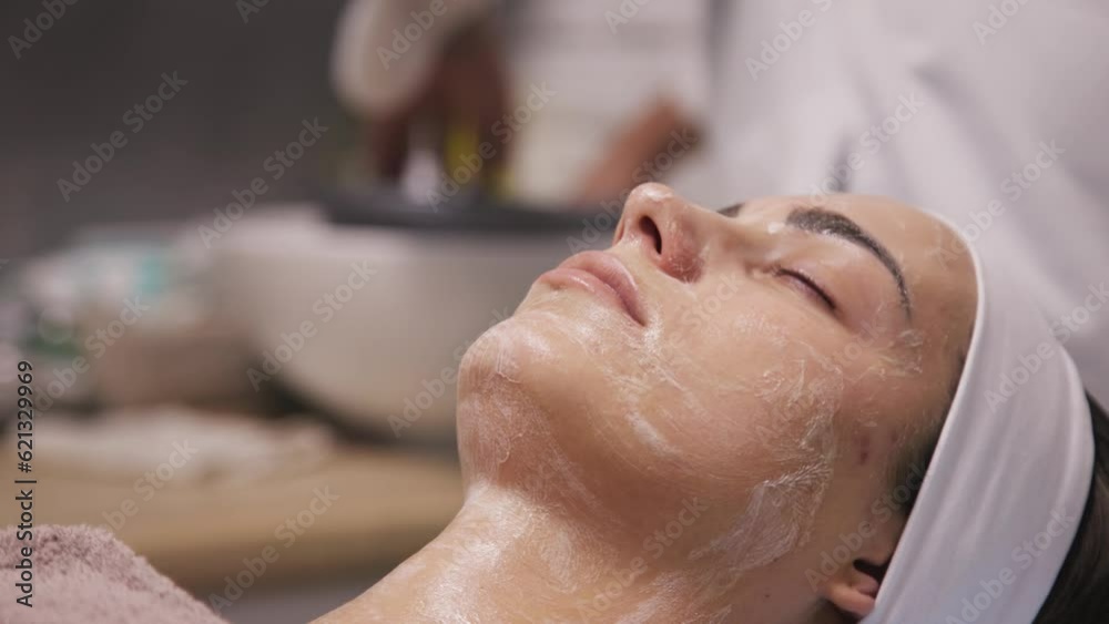 Cosmetologist applies a nourishing mask to a young woman in a spa salon. Cosmetologist applies a nourishing mask to a young woman in a spa salon.