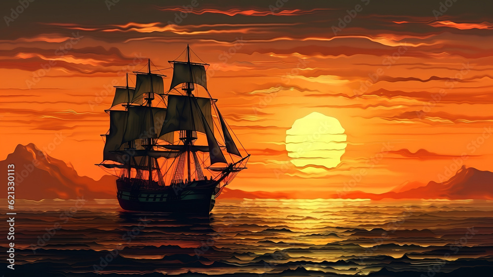 old ship in sea sunset, Bright color. Generative Ai
