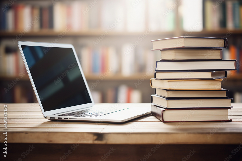 E-learning book and laptop on a table in a library. E-learning, education and learning concept E-learning book and laptop on a table in a library. E-learning, education and learning concept