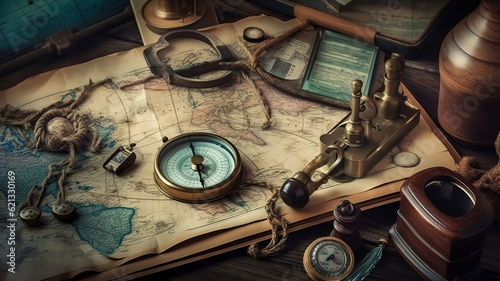 Old maps with marine equipment like compass, magnifier. Generative Ai