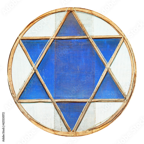 Blue star of David in jewish window in PNG isolated on transparent background