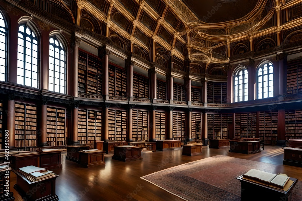 A grand library with ornate architecture, high ceilings, and rows upon rows of antique books, evoking a sense of history and intellectual curiosity