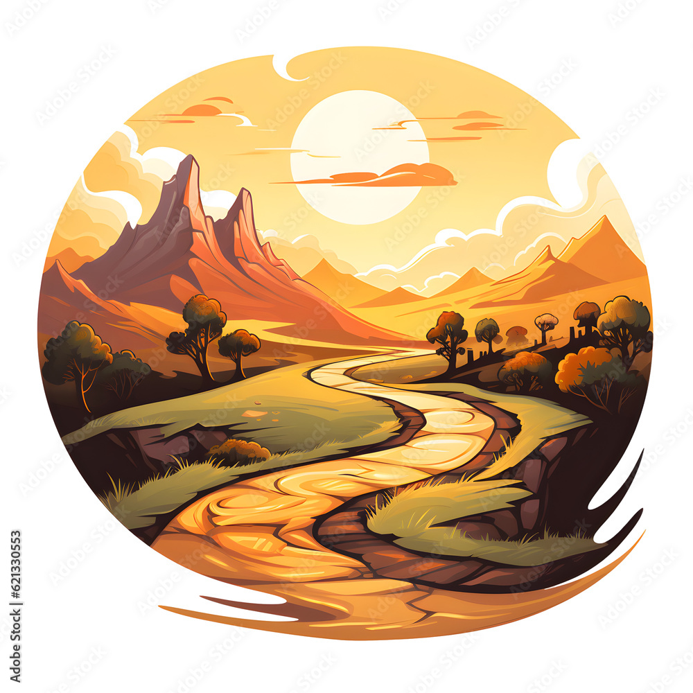 Hiking clipart of a winding trail leading through rolling hills and mountains golden hour. Generative AI