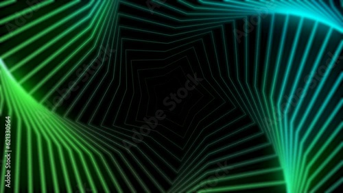 Abstract hypnotic video geometry, waves, music visualization, background green blue, star