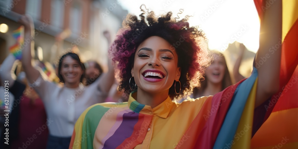 Young activist woman smiling and wear a shirt rainbow symbol of Lgbtq social movement. Women enjoying during march on street for lgbt rights. Diversity and gender identity concept, generative ai Young activist woman smiling and wear a shirt rainbow symbol of Lgbtq social movement. Women enjoying during march on street for lgbt rights. Diversity and gender identity concept, generative ai