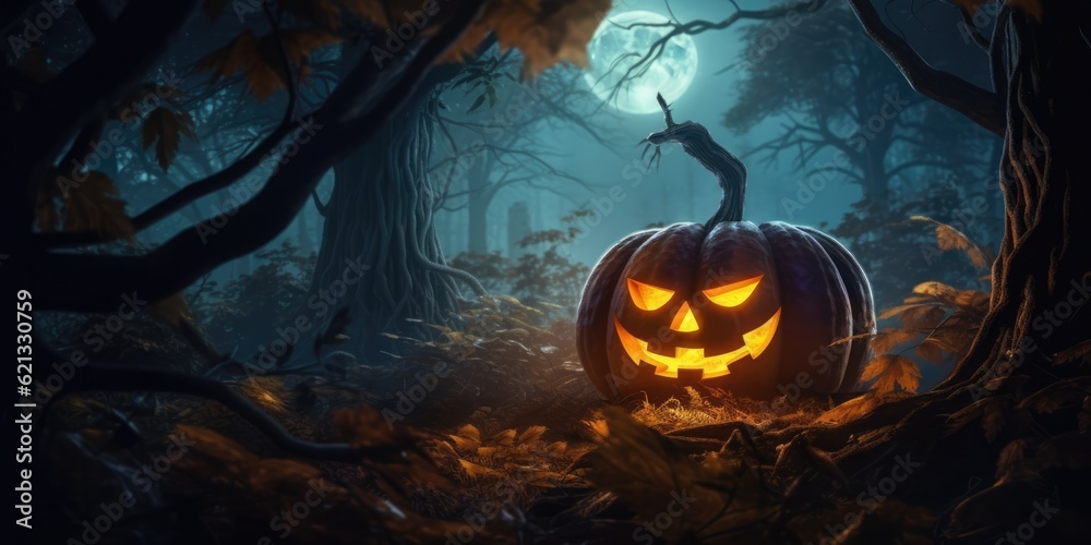 Halloween background. Spooky pumpkin with moon and dark forest. Halloween design with copyspace, generative ai Halloween background. Spooky pumpkin with moon and dark forest. Halloween design with copyspace, generative ai