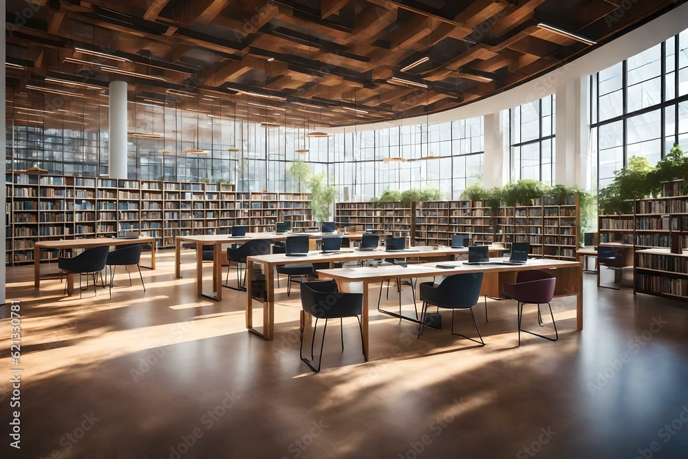 A modern library with sleek bookcases, comfortable study desks, and large windows allowing natural light to illuminate the space, promoting a productive learning environment