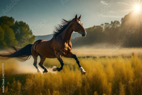 A majestic horse galloping freely through a sunlit meadow, its mane flowing in the wind.