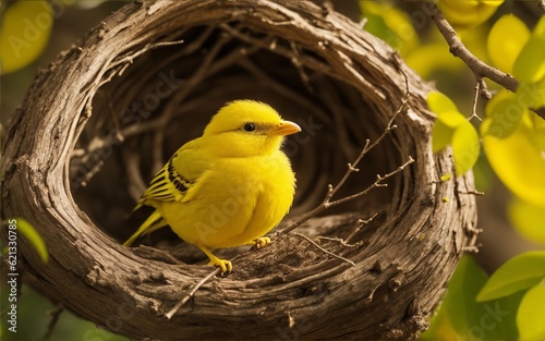 yellow bird in nest, geberative AI photo