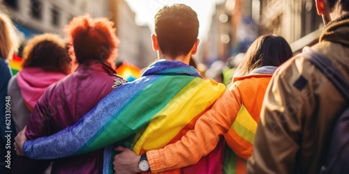 Group of young activist for lgbt rights with rainbow flag, diverse people of gay and lesbian community. Diversity and gender identity concept, generative ai