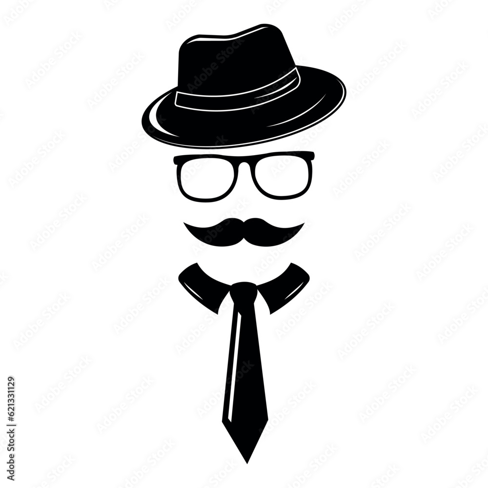 Silhouette of a man with a mustache hat and glasses in a tie, vector illustration