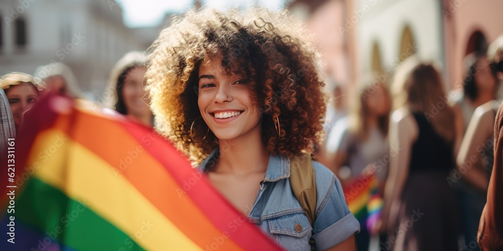 Young activist woman smiling and holding rainbow flag symbol of Lgbtq social movement. Women enjoying during march on street for lgbt rights. Diversity and gender identity concept, generative ai