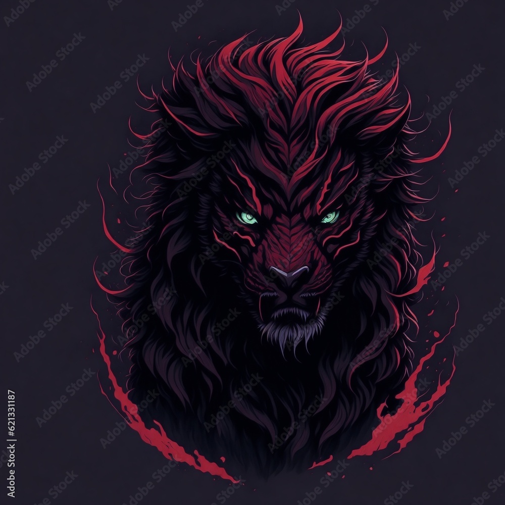 A detailed illustration face evil ninja lion ,magic, t-shirt design, red color A detailed illustration face evil ninja lion ,magic, t-shirt design, red color
