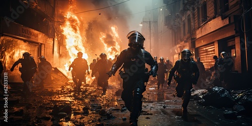 Riot scene in the city. Generative AI photo