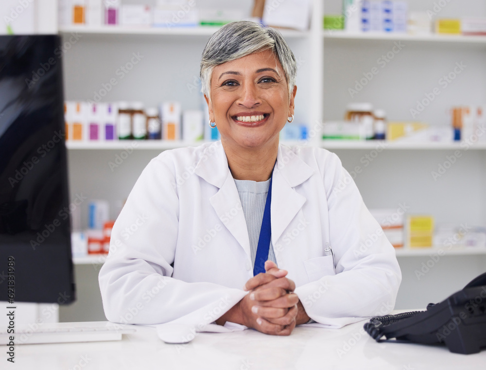 Portrait, pharmacist and smile with professional for happiness at chemist for medicine or help. Mature female, pharmacy and face with smile for medicine with customer service in retail healthcare. Portrait, pharmacist and smile with professional for happiness at chemist for medicine or help. Mature female, pharmacy and face with smile for medicine with customer service in retail healthcare.