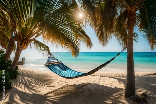 A peaceful beach with palm trees and a hammock.
