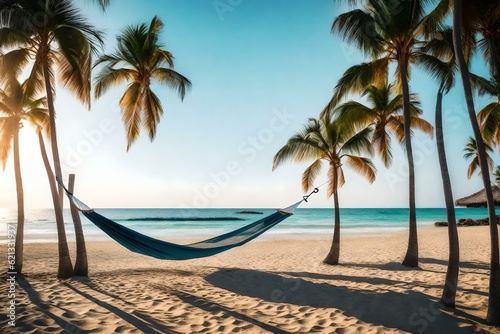 A peaceful beach with palm trees and a hammock. © Muhammad