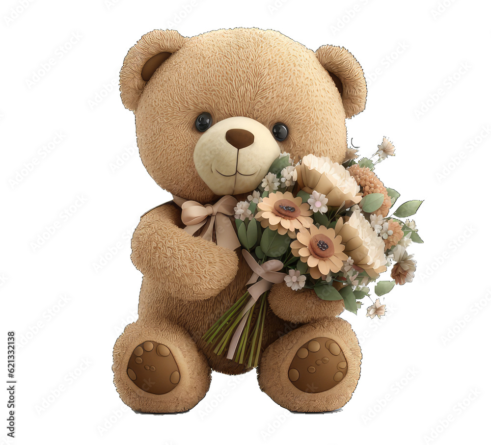 teddy bear holding bouquet of flowers isolated on transparent ...