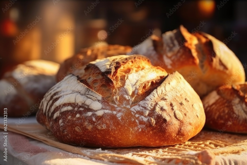 Freshly baked bread on the table in the bakery. Generative AI. Freshly baked bread on the table in the bakery. Generative AI.