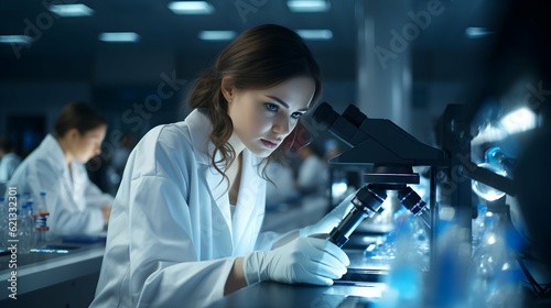 
Female scientist working with microscope in laboratory. Medical research and development concept. Generative AI.
 photo