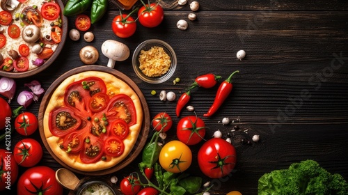 Vegetarian pizza with mushrooms, tomatoes and basil on wooden background. Copy space for text