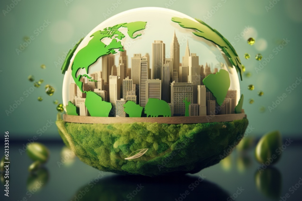 Green Earth in a Barrel: Sustainable Cityscape with Lush Leaves, Generative AI