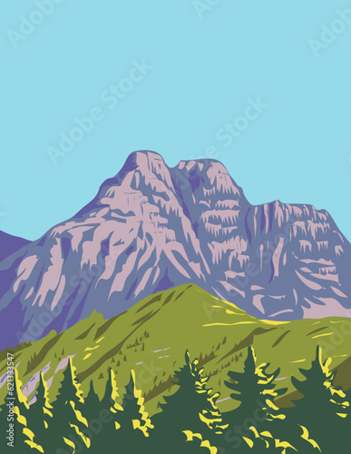 WPA poster art of Dolomiti Bellunesi National Park in the province of Belluno, Veneto in northern Italy done in works project administration or Art Deco style.