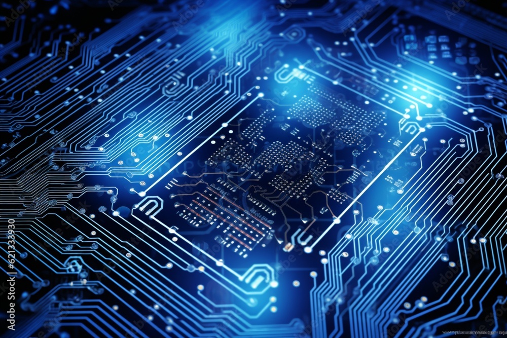 Digital circuit board with blue light, abstract motherboard, 3d rendering Digital circuit board with blue light, abstract motherboard, 3d rendering