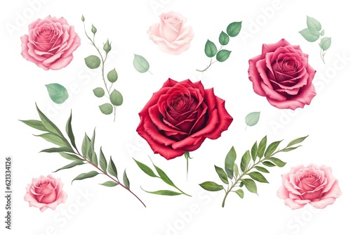 Red and pink halftone roses, hand drawn illustration elements colored set © Andrew