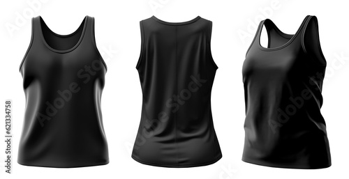 Canvas Print Set of black front, back and side view sleeveless tee t shirt tank singlet round neck on transparent background cutout, PNG file