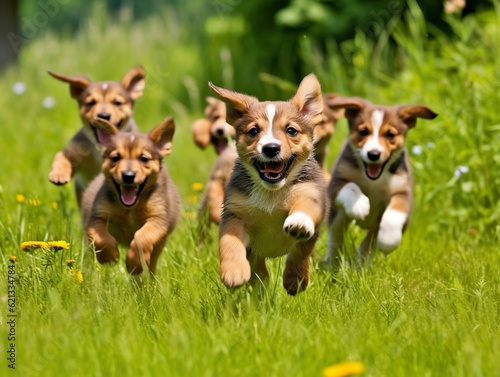 In this heartwarming image  a group of lively and energetic puppy babies frolic in a lush green meadow.