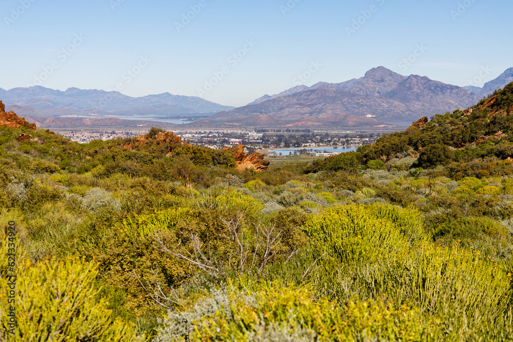 A view from a hill on a sunny day over a section of Worcester, Western Cape, South Africa.