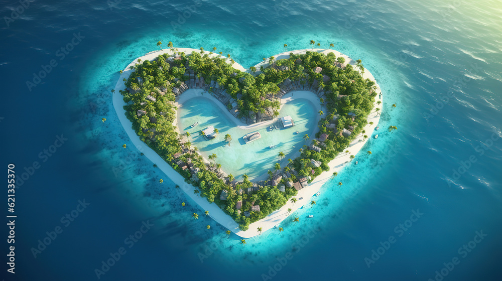 Velentine s day concept tropical heart shape desert island. Generative ai - obrazy, fototapety, plakaty 