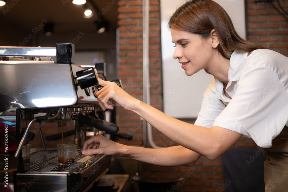 Young female barista preparing coffee in cafe. Female barista using coffee machine. Young female barista preparing coffee in cafe. Female barista using coffee machine.