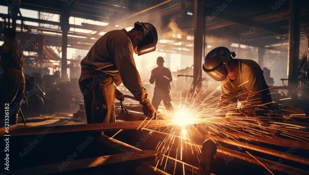 Industrial Sparks: Welders at Work on Steel Plate in Factory, Generative AI Industrial Sparks: Welders at Work on Steel Plate in Factory, Generative AI