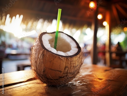 closeup photo of fresh cold coconut juice cocktail with a straw stands on a bar counter at a blurry tropical beach background. Generative AI photo