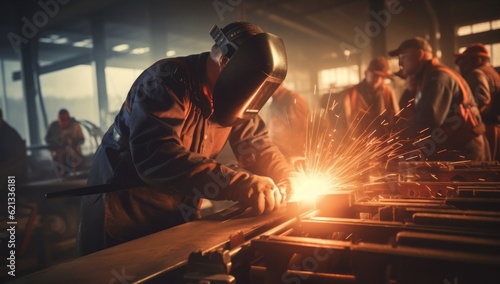 Industrial Sparks: Welders at Work on Steel Plate in Factory, Generative AI