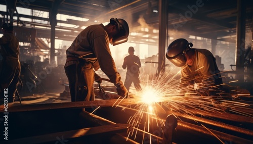 Industrial Sparks: Welders at Work on Steel Plate in Factory, Generative AI photo