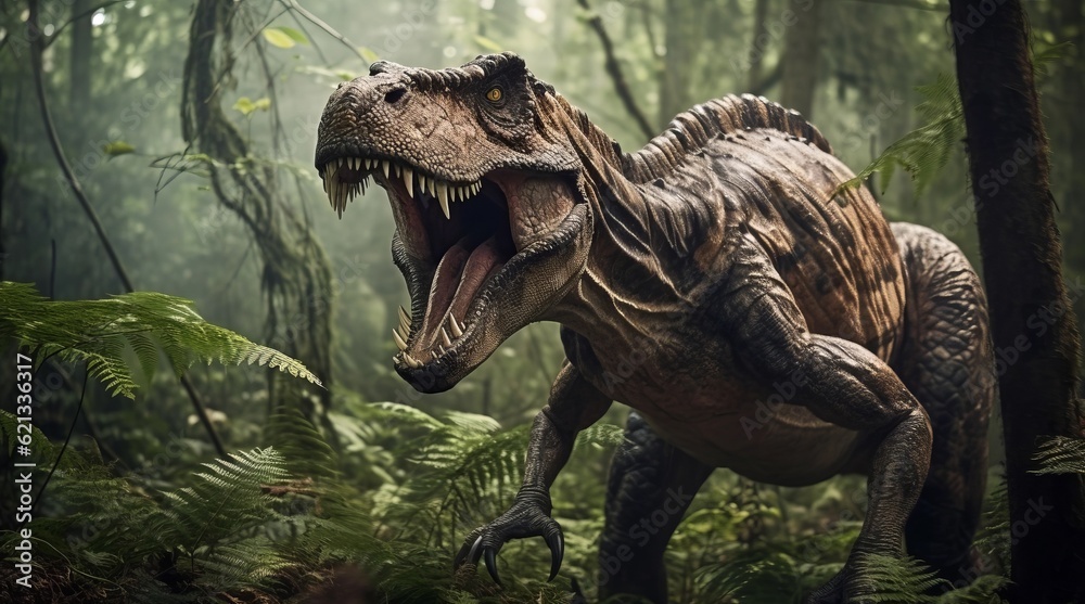 Fototapeta premium scary dinosaur standing in forest AI