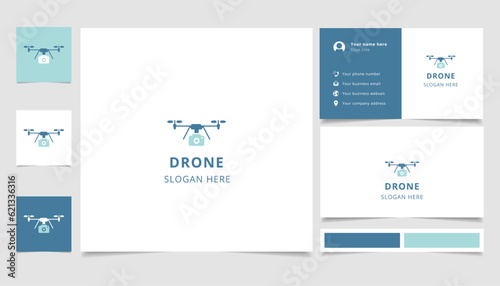 Drone logo design with editable slogan. Branding book and business card template.