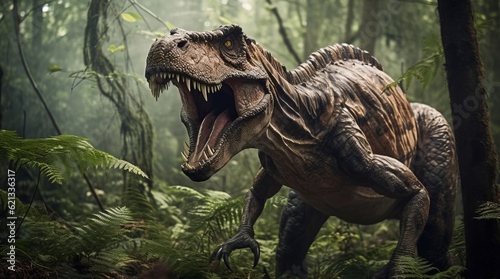Fotografie, Tablou scary dinosaur standing in forest AI