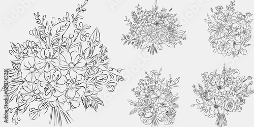 Minimalist black and white collection vintage, hand-drawn flowers in contemporary line art ink, creating a retro timeless bundle shapes doodle design elements. Exotic jungle leaves and plants