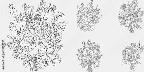 Minimalist black and white collection vintage, hand-drawn flowers in contemporary line art ink, creating a retro timeless bundle shapes doodle design elements. Exotic jungle leaves and plants